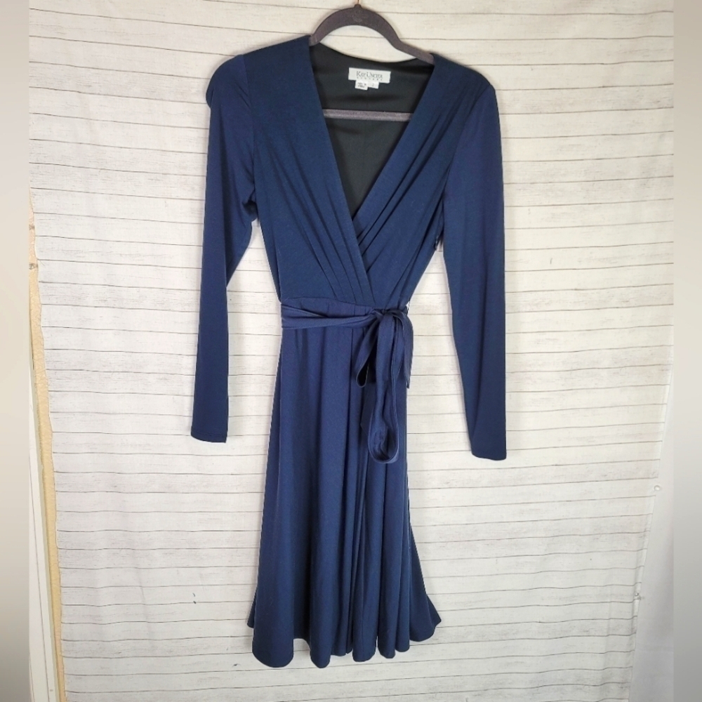 KAY UNGER NAVY BLUE LONG SLEEVE FAUX WRAP DRESS, SZ 2